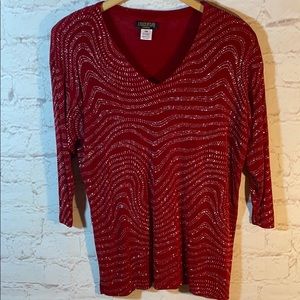 RED SILVER BEADED STRETCHY DRESSY BLOUSE